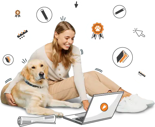Woman sitting on the floor with a dog, using a laptop. Icons of paws, bones, and arrows float around them.
