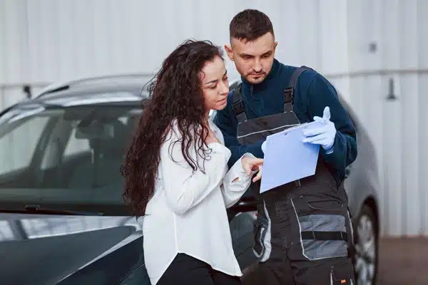 A mechanic in overalls and gloves shows a clipboard to a woman standing next to a car inside a garage, discussing how often should you service a car for optimal performance and safety.